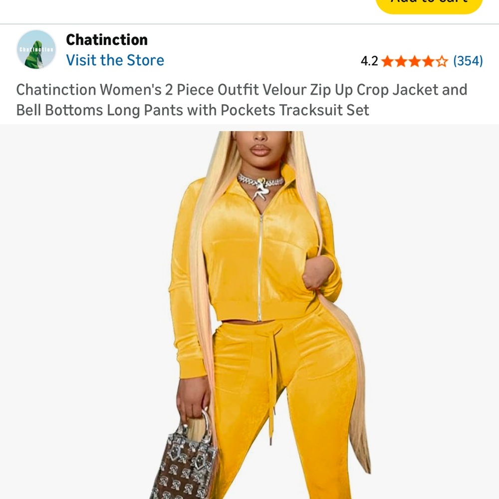 Women's Yellow Velour Zip-Up Crop Jacket & Bell Bottom Pants Set